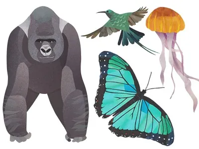 WAZA poster: Progress animals birds butterfly gorilla jellyfish sunbird wildlife