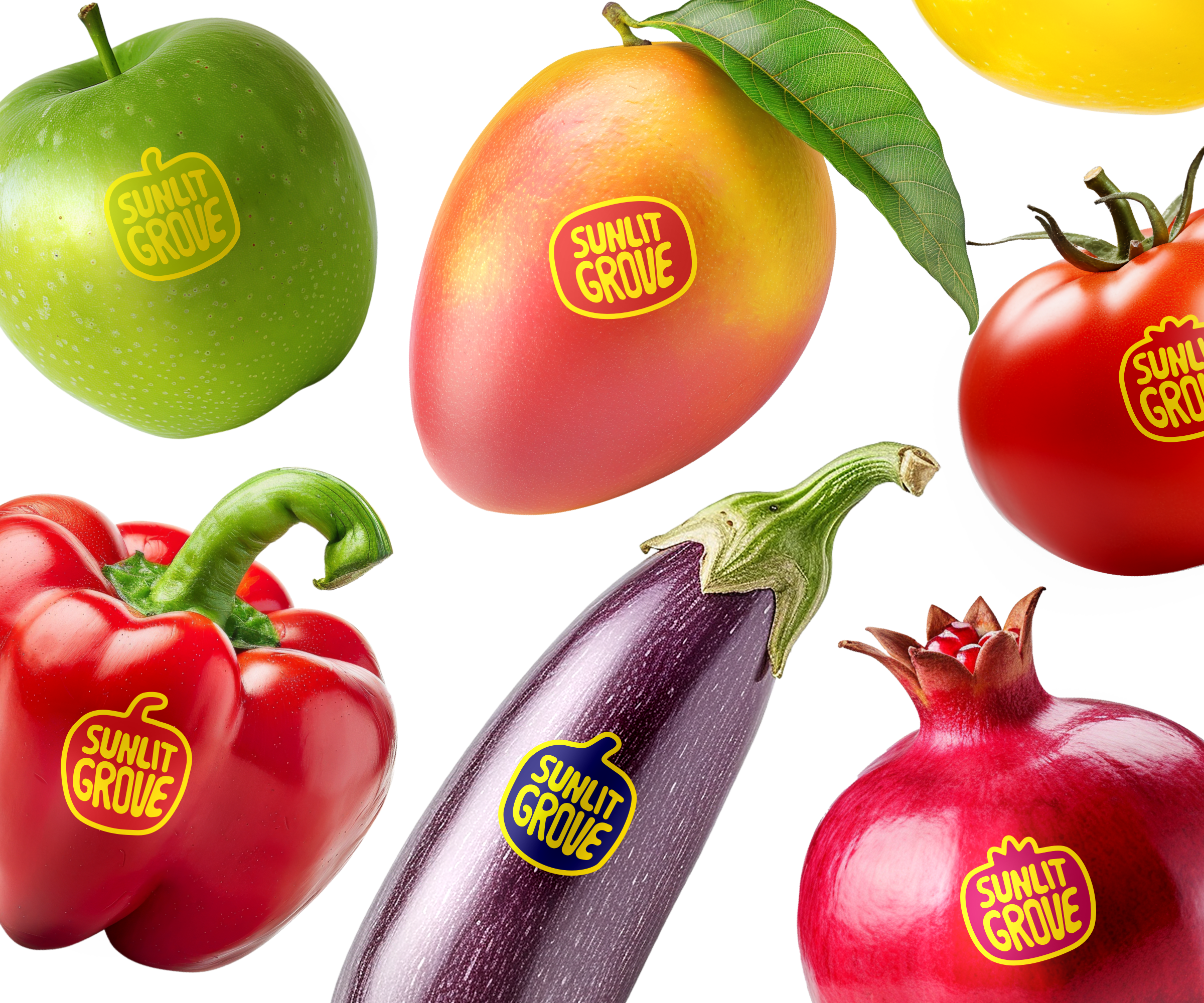 SUNLIT GROVE - Fruits & Vegetables Logo + Brand Identity 2d animation 2d graphic adobeillustrator animation brand identity branding designinspiration fruit logo fruits graphic design groovy design illustration logo logo design motion graphics package packaging design pattern design sketch vegetables