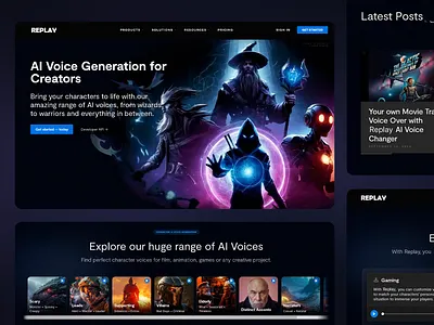 REPLAY: AI Voice Generator UI Design ai powered creativity ai technology innovation ai voice generation animation voiceover character voices creative industry app creative tools cutting edge ui dark theme interface film production futuristic design gaming design immersive visuals modern web design storytelling tools tech platform interface uiux design user friendly layout uxui voice changer platform