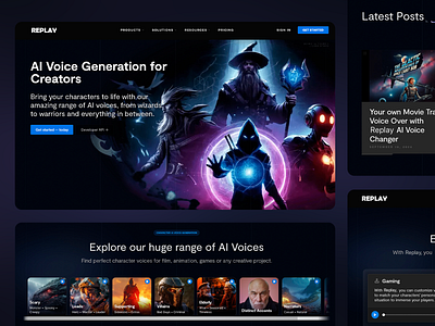 REPLAY: AI Voice Generator UI Design ai powered creativity ai technology innovation ai voice generation animation voiceover character voices creative industry app creative tools cutting edge ui dark theme interface film production support futuristic design gaming voice design immersive visuals modern web design storytelling tools tech platform interface uiux design user friendly layout uxui voice changer platform