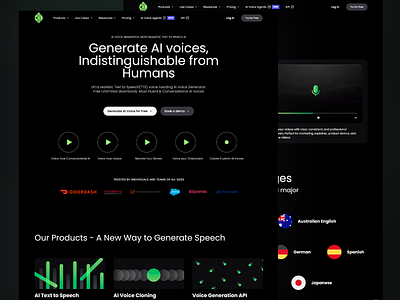 Advanced AI Voice Generation UI advanced voice solutions ai powered technology ai voice platform business tools conversational ai design corporate solutions dark theme web design industry leaders trusted innovation in ai interactive call to action modern interface multi language support product demo interface professional uiux realistic voice generation tech startup design text to speech user friendly design voice api integration voice cloning