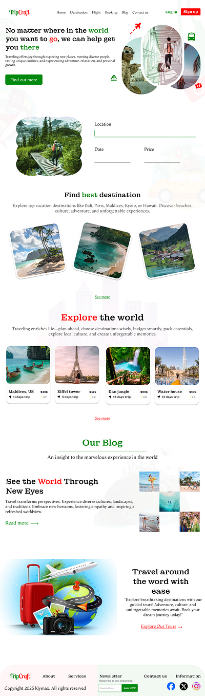 Tripcraft travelling and touring website UI by klymax figma travlling website ui ui ux user research web design
