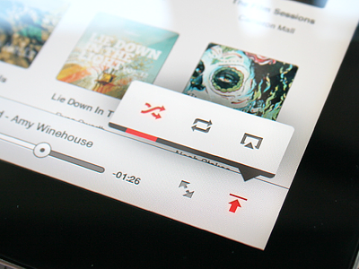 Tiny Popover [iPad] airplay amy artist artwork button design dropdown icon ios ipad mobile music pin player repeat shuffle timeline volume