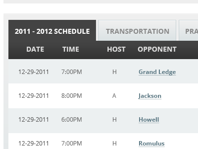 School Sports Schedule tables tabs