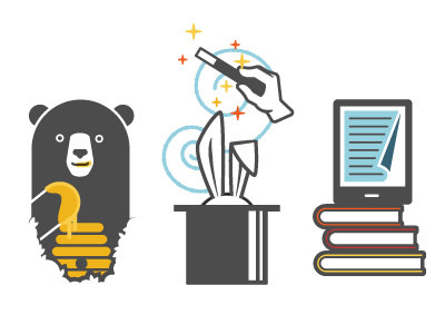 Illustrations bee blue charcoal honey icons illustration magic sparkle typewriter yellow