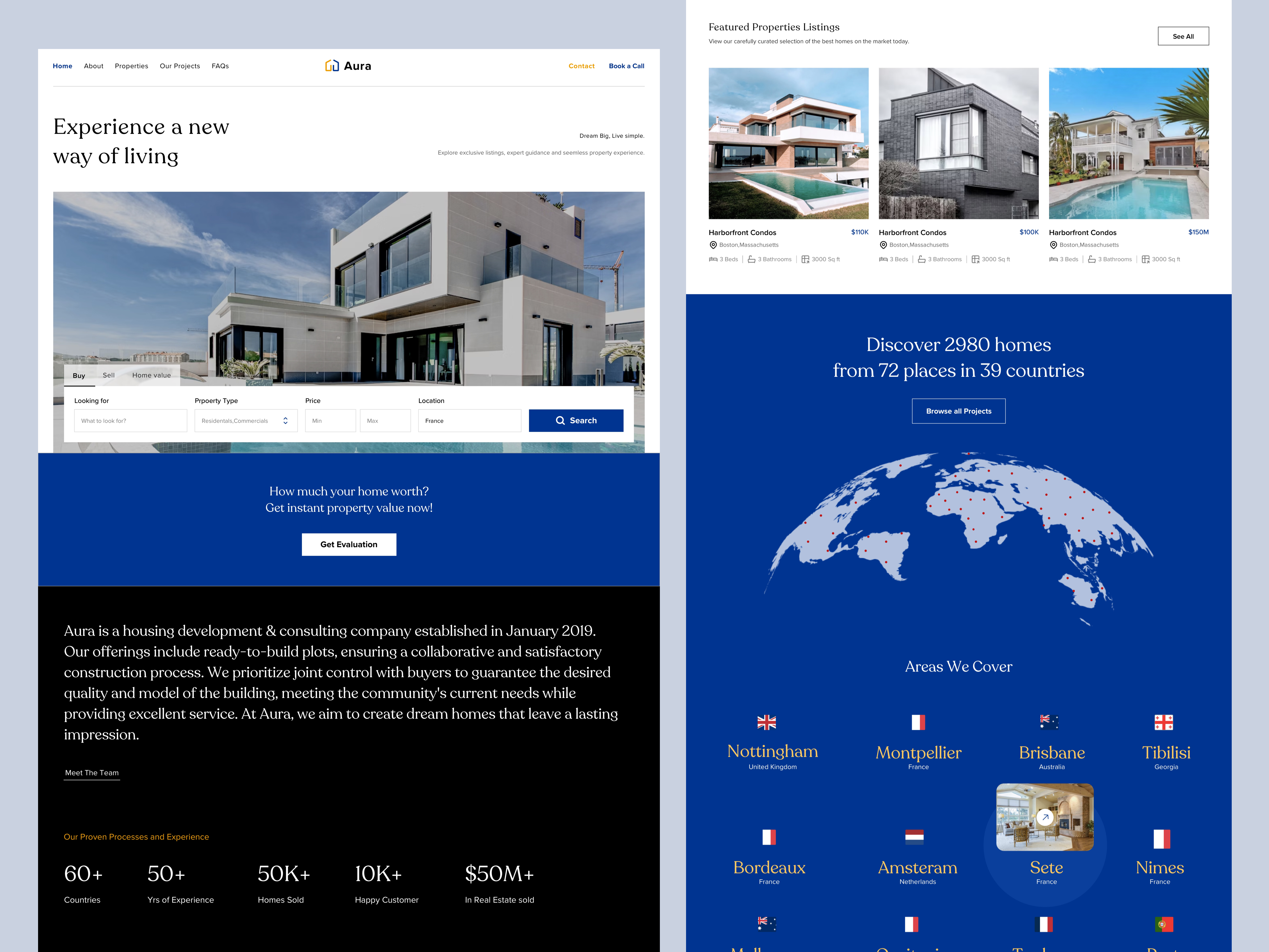 AURA - Real Estate Residency agenecy agent airbnb apartment architecture booking broker building condos landing page minimal property property management real estate website realestate rental residency ui uidesign web app