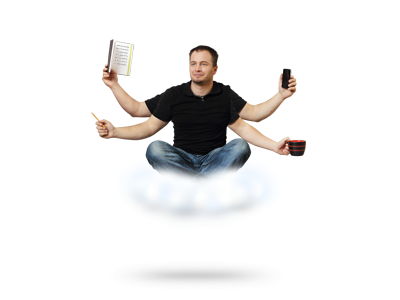 Multitasking book businessman cloud cup multitasking phone