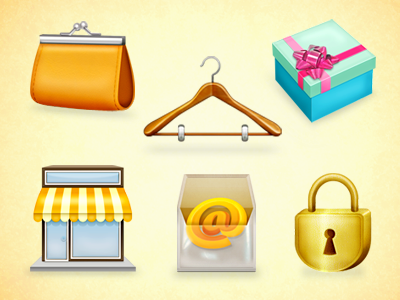 e-commerce icons blue box colors detailed e commerce e mail envelope gift hanger icon icons lock orange security set shop texture wallet yellow