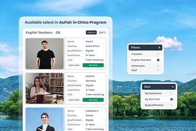 Talent list with filters and sorting aupair china figma framer uidesign web webdesign