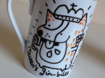 Hand drawn mugs for Muriel's Cafe Bar, Belfast bar celebrate corgi crown dog flag gin ginger jubilee queen royal