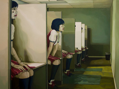 The Happy Worker alienation art cubicles figure fine art girl illustrative mannequins office oil oil on canvas painting puppet