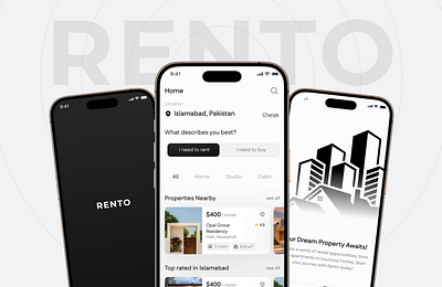 Rento - A Property booking App app app design black and white branding figma mobile app properties and rental property booking app ui uiux user experience user interface