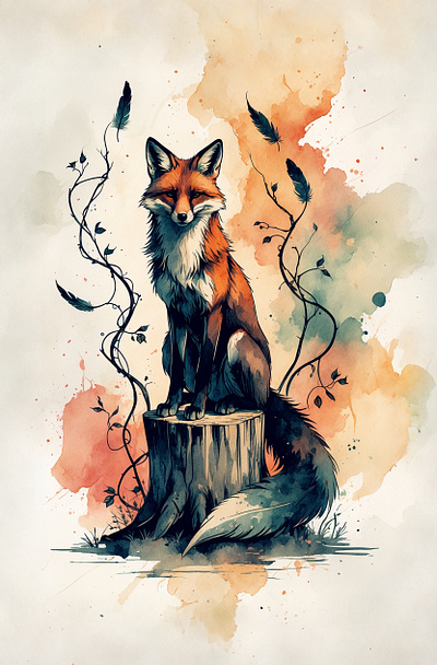 Fox on stump animals digital feathers fox illustration ink melanholic orange printable stump watercolor