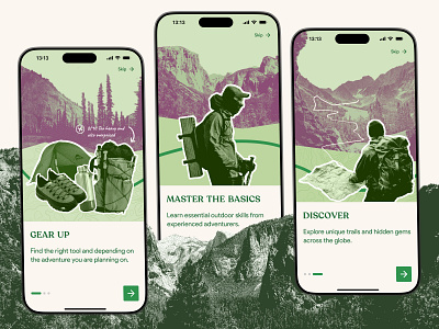 Onboarding screen animation branding clean dailyui dither explore graphic design hike illustration motion graphics nature outdoor photos trail travel ui