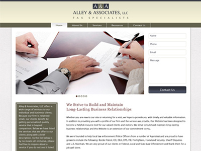 Alley Home Page banner contact form home page logo design nav navigation tax specialist web design