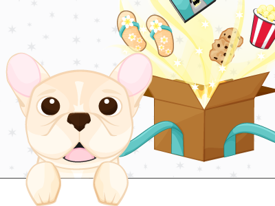 JollyBox Header Draft box character design cookies dog flip flops french bulldog glow illustration jaws popcorn puppy ribbon vector