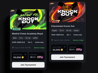 Tournament cards for Checkmate.live ai cards chart chess date design desktop esport figma game layout list mobile statistic template tile tournament ui ux web3