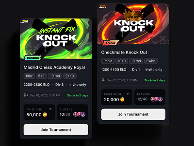 Tournament cards for Checkmate.live ai cards chart chess date design desktop esport figma game layout list mobile statistic template tile tournament ui ux web3