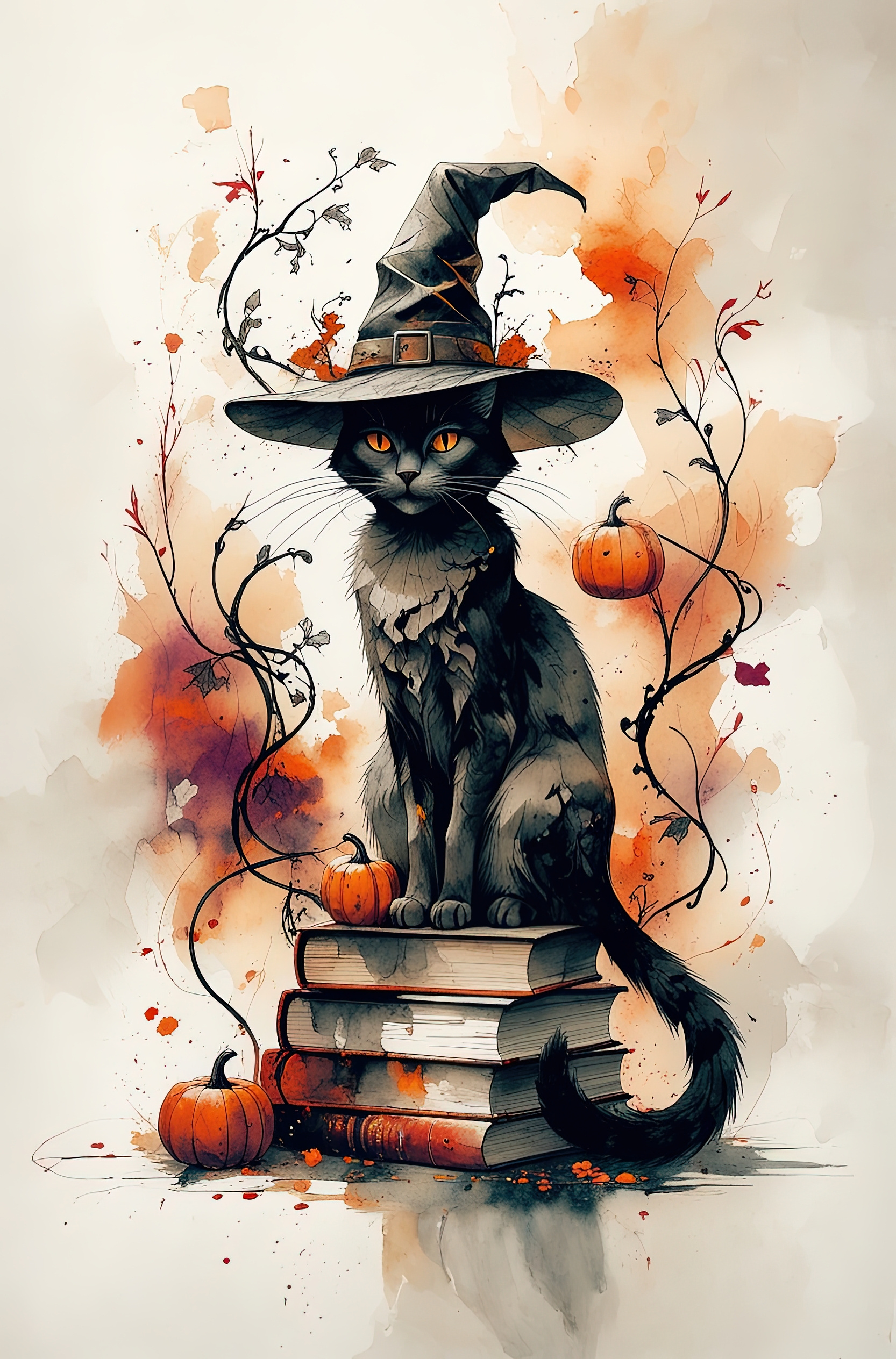 Magical cat black ink orange splashes watercolor witch
