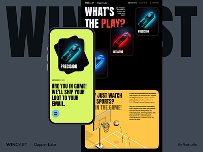 Wincast: Games, Sports, and Design cards colors dapper labs dark design desktop game gamification illustrations interface labs layout mobile neon nft sports typography web wincast yellow