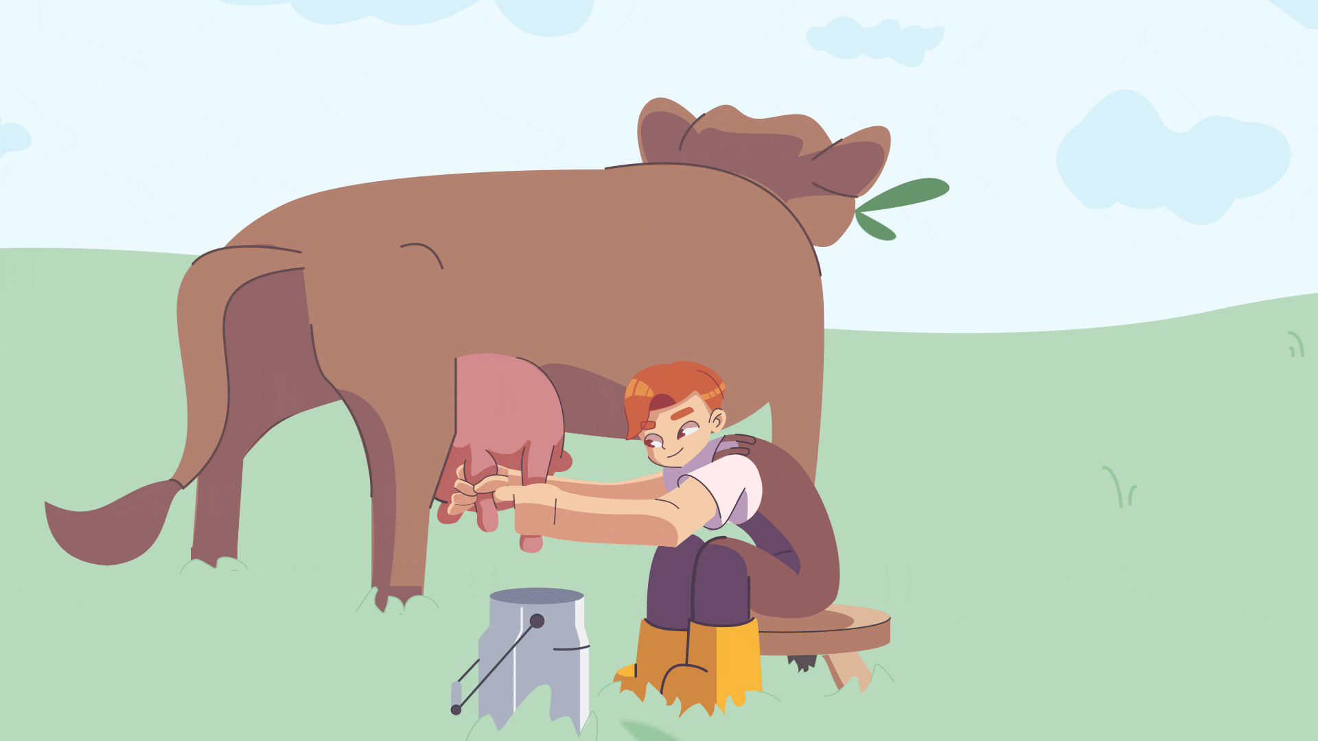 Farmer milking a cow 2d animation boots character clouds cow design farm field gif grass green hand drawn milk milk bucket motion graphics rebound sky steel vector