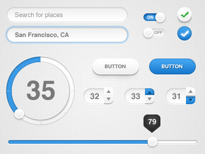Blue UI bar blue button counter design dial gray interface jquery light navigation off on search field sleek slider switch toggle ui web
