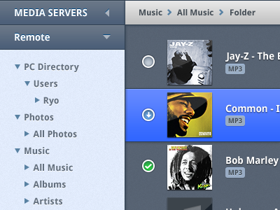 Media Browser accordion albums blue breadcrumbs checkbox dark droid sans hip hop media music navigation selected tree ui