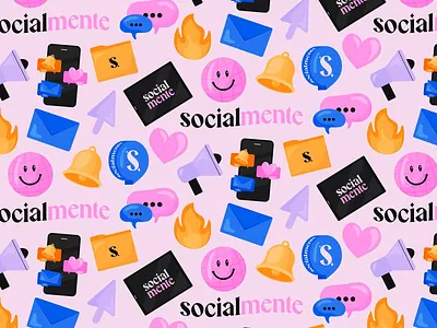 Socialmente Brand Pattern background brand identity branding colorful icons communication icons cursor icon design digital pattern email icon folder graphic design light pink logo design modern design notifaction icon repeating pattern smartphone smiley face social media icons speech bubbles