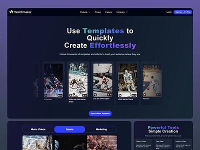 Watchmaker: Motion Video Template Platform Design category selection content creation creative design design innovation dynamic visuals gradient accents interactive layout intuitive interface modern visuals motion design motion graphics motion templates powerful tools professional look seamless navigation template gallery user friendly video creation video editing video tools