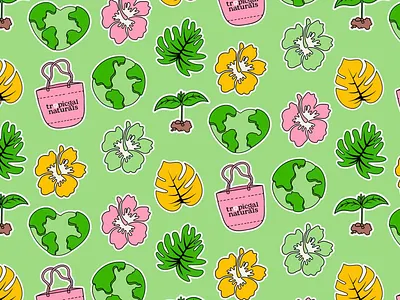 Tropical Naturals Branding Pattern brand identity branding colorful cute pattern design digital design earth earth theme eco friendly brand eco pattern flowers graphic design green theme leaves nature repeating pattern sprouting plants tote bags tropical pattern visual identity