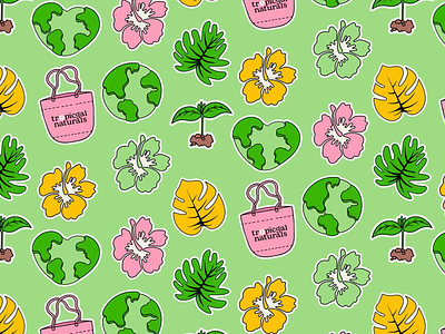 Tropical Naturals Branding Pattern brand identity branding colorful cute pattern design digital design earth earth theme eco friendly brand eco pattern flowers graphic design green theme leaves nature repeating pattern sprouting plants tote bags tropical pattern visual identity