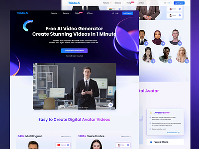 Triado Ai: AI-Powered Video Creation Platform advanced ai features ai tools platform ai video generator avatar customization digital avatars futuristic interface gradient ui interactive motion effects modern web design motion video design multilingual support neon theme professional content creation responsive design technology design user friendly interface video editing platform video marketing virtual presentation voice cloning