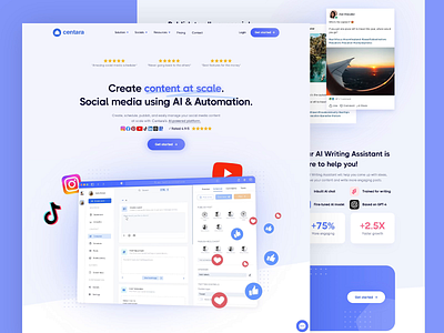 CENTARA: AI-Driven Social Media Automation ai driven efficiency ai social media management ai writing assistant clean web design content at scale content creation tool content scheduling platform instagram scheduler interactive animations marketing automation motion graphic elements motion web design post analytics responsive platform design social media automation social media growth tiktok integration user friendly layout vibrant user interface visually engaging ui