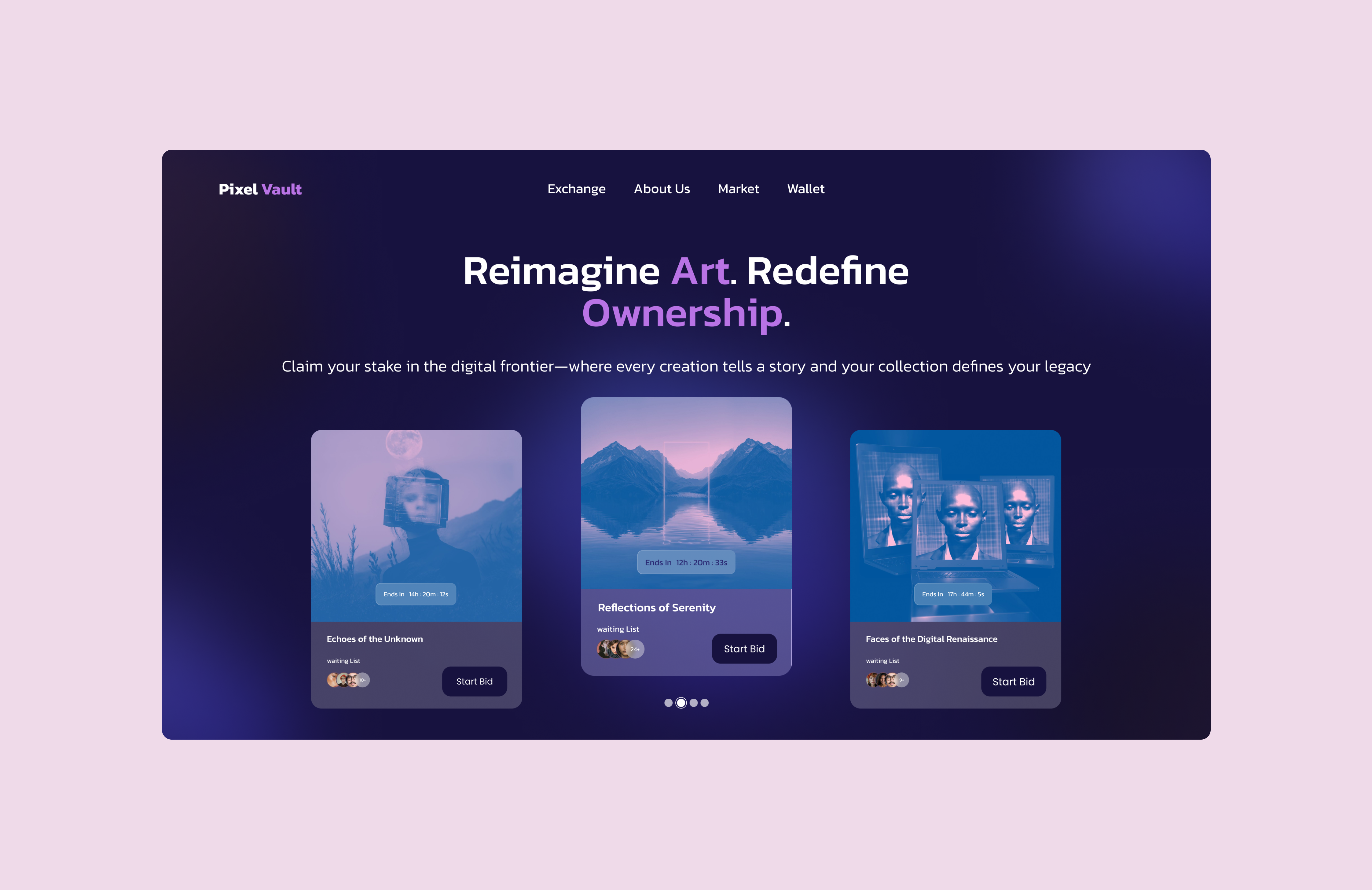 Pixel Vault design digitalart interface managed code marketplace minimalism nft ui ux web webdesign webflow website