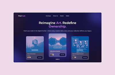 Pixel Vault design digitalart interface managed code marketplace minimalism nft ui ux web webdesign webflow website