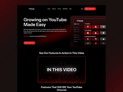 YTtools: YouTube Growth AI Platform Design ai tools bold design clean layout content creation creative support dark theme dynamic content futuristic ui interactive features intuitive interface modern visuals motion graphics powerful tools red accents responsive layout sleek design user friendly video analytics video optimization youtube growth