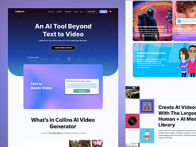 Collins AI: AI-Powered Text-to-Video Platform ai platform ai tools animated avatars avatar animations content creation creative automation dynamic visuals educational videos futuristic interface generative ai gradient design gradient theme interactive ui modern layout motion design motion graphics seamless navigation text to video user friendly video generation