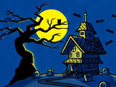 Haunted House & Spooky Tree Cartoon Illustration art bats cartoon cartooning drawing gravestone halloween haunted haunted house house illustration landscape moon scary sketch spooky tombstone tree