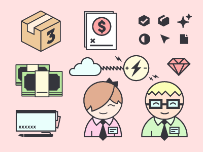 Infograph Assets box checkbook cloud diamond employee financial icons illustration minimal money paper pen tie vector wire