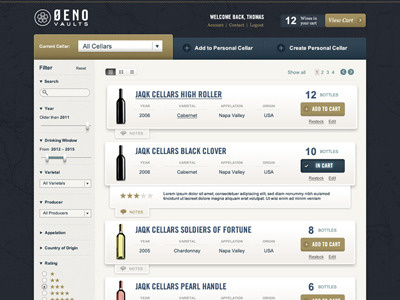 Wine storage UI blue cart dashboard filter gold grey ui white wine