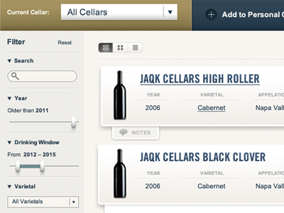 Wine storage UI detail blue cart dashboard filter gold grey ui white wine