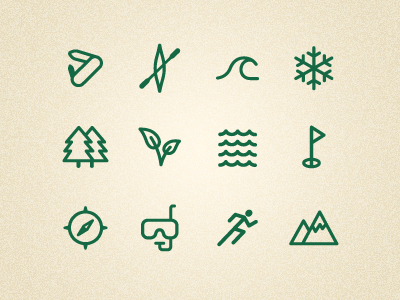 Outdoor icons set canoe compass golf icons knife leaf mountain outdoor running snorkel snowflake tree water wave