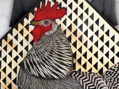 "Gallo!" ("Rooster!") art bird black collage glue paint paste rooster spray stencil wood