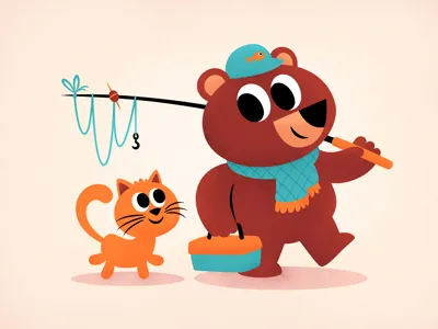 Fishing Bear & Cat bear cat fishing illustration