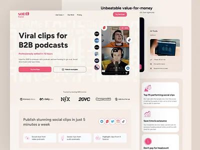 UI/UX for Effortless Viral Podcast Clips Editing ai editing automation tools b2b editing bold typography clean layout clip generation content marketing creative clips interactive elements modern design motion graphics podcast promotion podcast visuals seamless workflow social engagement ui design user friendly ux interface video motion viral podcasts