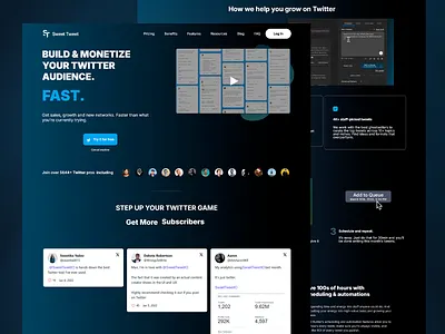 Sweet Tweet Platform: Build Your Twitter Audience audience building audience dark dark blue design fast gain audience modern modern style platform design platworm sweet tweet twitteer functions twitter twitter audience twitter platform twitter services ui ux ux ui