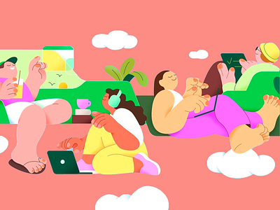 Relax & Work Illustration Design art artwork bright palette character illustration chill mood creative design digital headphones illustration laptop leisure lifestyle minimalist art modern illustration nature playful reading relaxation summer vibes vibrant colors