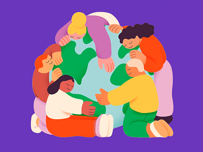 Illustration: Embracing Our Planet Together art artwork character design community earth illustration eco friendly environmental awareness global connection illustration inspiration kindness modern art people hugging planet positive vibes teamwork vibrant colors