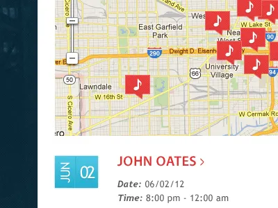 Events Listing with Google Map blue chicago music pattern red texture web website white