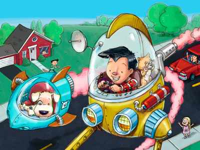 Playtime boy character childrens book dog drawing retro robot space space ship